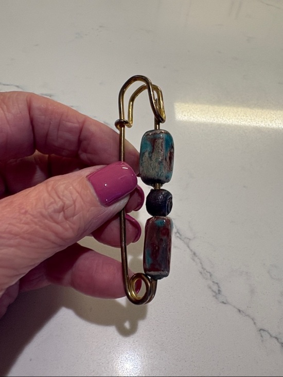 Jewelry - Boho Brass Safety Pin Brooch with Turquoise-Red Beads…